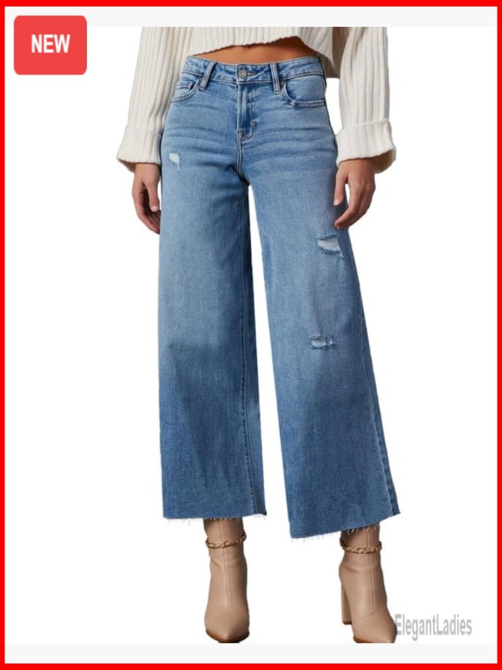 High Waisted Wide Leg Ripped Jeans Stretch Denim Ankle Pants - Picture 2 of 7